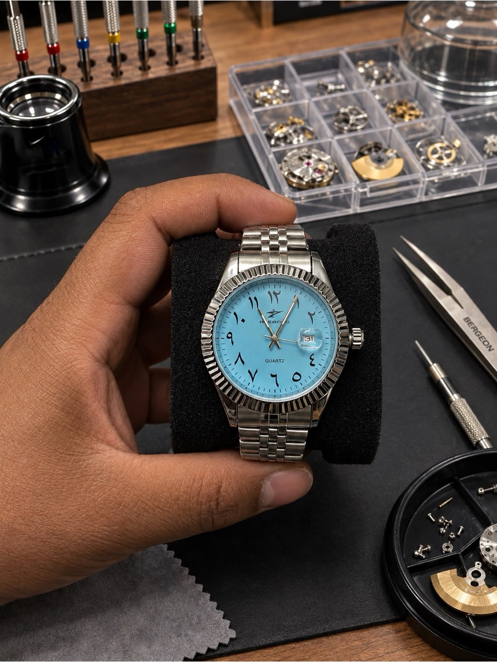 Quartz Stainless Steel Men’s Watch with Turquoise Dial